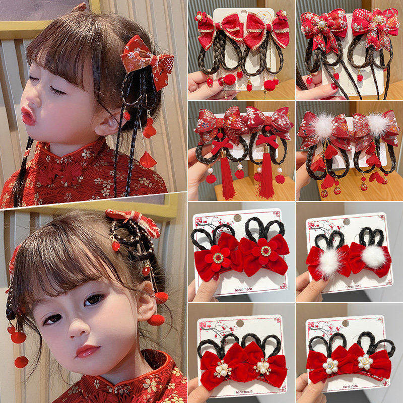 中国风发饰女童蝴蝶结头饰女宝宝过年假发辫儿童红色新年汉服发夹,童装/婴儿装/亲子装,发饰,淘宝优惠券,粉丝福利购,淘宝优惠卷