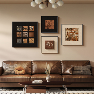 中古风客厅装 复古沙发背景墙挂画高级感艺术立体砂岩壁画 饰画法式