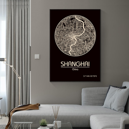 城市地图北欧风卧室床头装饰画