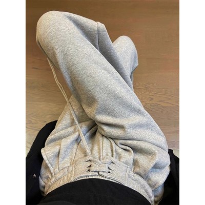 灰色抽绳宽松休闲裤女秋季梨型身材遮肉显瘦阔腿裤高腰运动卫裤子