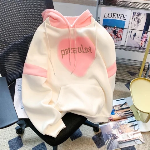 美式潮牌oversize爱心撞色连帽卫衣女秋冬季高级感重磅加绒厚外套