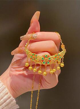 金色项链珐琅不掉色女锁包套链新中式桃花铃铛流苏吊坠轻奢精致