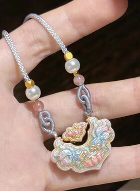 双鱼锦鲤莲花锁包珐琅彩锦鲤锁吊坠长命锁长款项链女毛衣链高级感