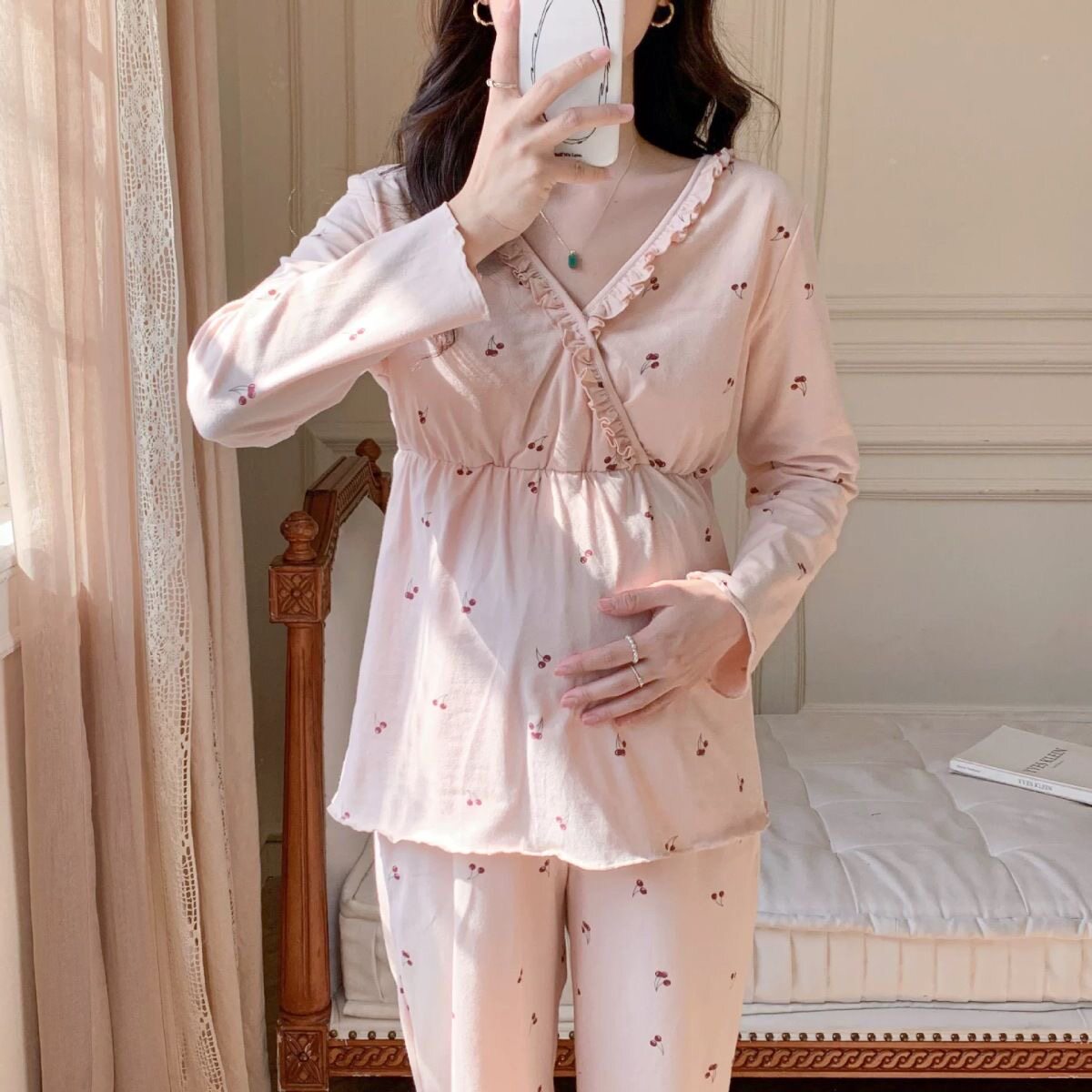 春秋女款V领长袖家居服睡衣套装