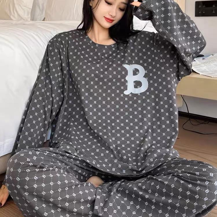 大码简约宽松圆领长袖长裤睡衣