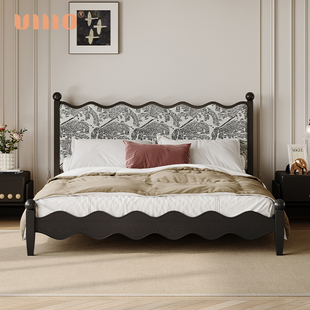 ULLLO法式 复古床实木双人床1.8米主卧提花布艺黑色波浪白蜡木大床