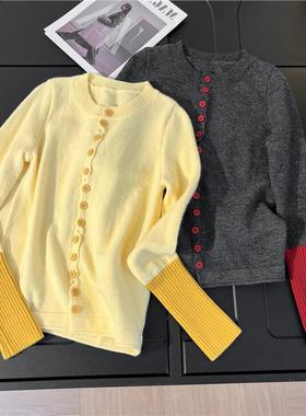 2025韩式新款秋冬穿搭黄色拼接毛针织衫修身显瘦开衫外套上衣女装