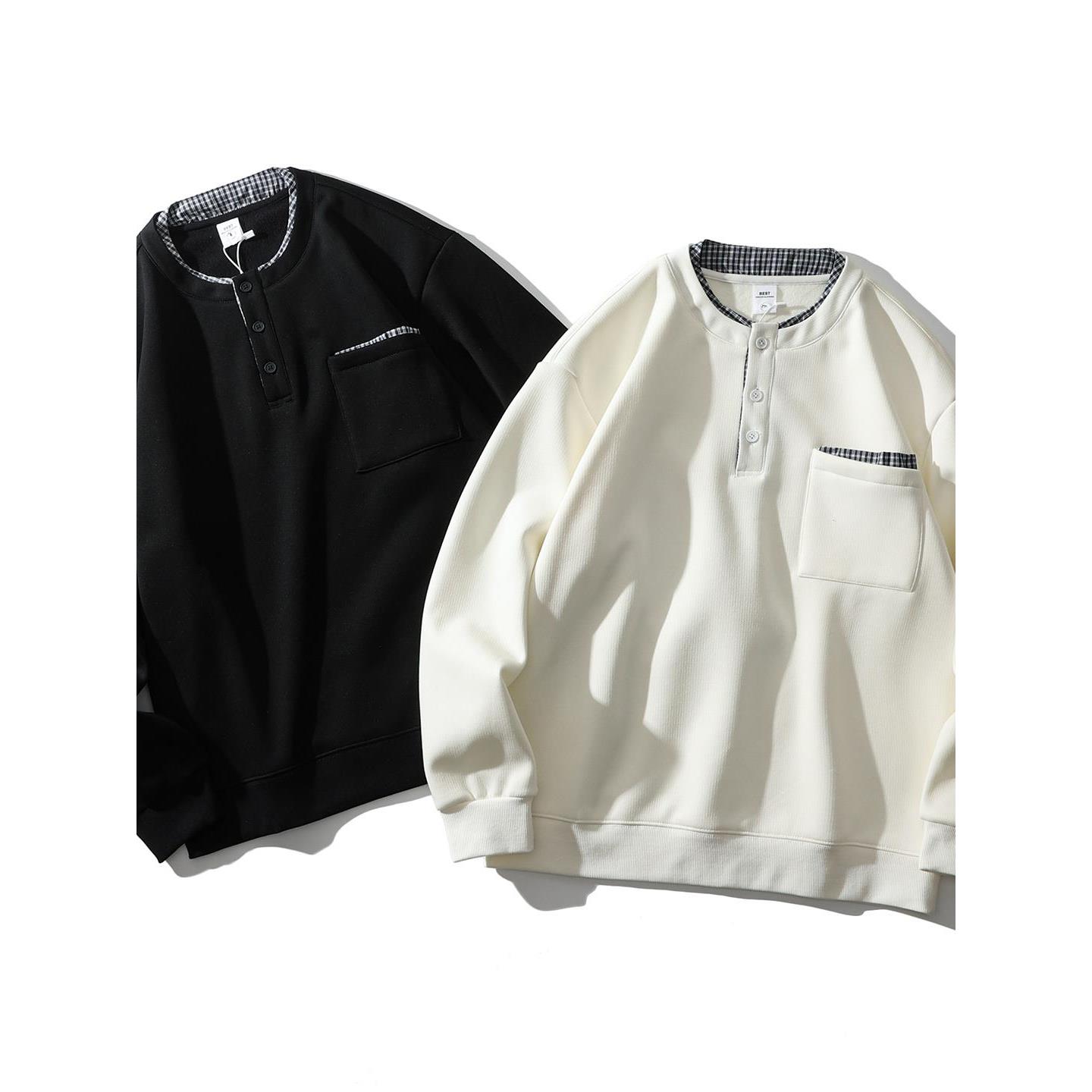 秋季韩版男士圆领假两件卫衣百搭潮流美式时尚拼接高级感休闲上衣