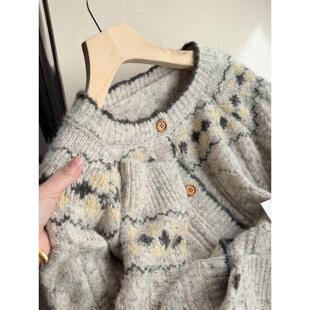 羊毛花纱费尔岛毛衣外套女秋冬季宽松慵懒毛织针织开衫