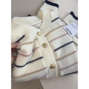 010903F女装木巨318条纹圆领金扣羊毛宽松针织开衫毛衣外套识体店