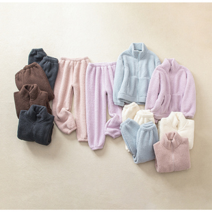 立领加厚双面珊瑚绒家居服套装女2025冬季拉链睡衣外穿潮