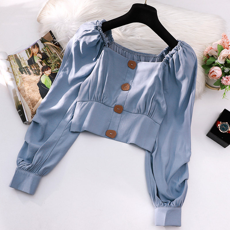 法式方领雪纺衬衫女2020初秋新款收腰短款设计感小众锁骨长袖上衣