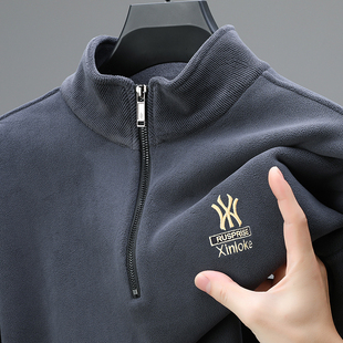 半拉链立领加绒加厚卫衣男外套秋冬季保暖打底衫t恤男长袖奥粒绒