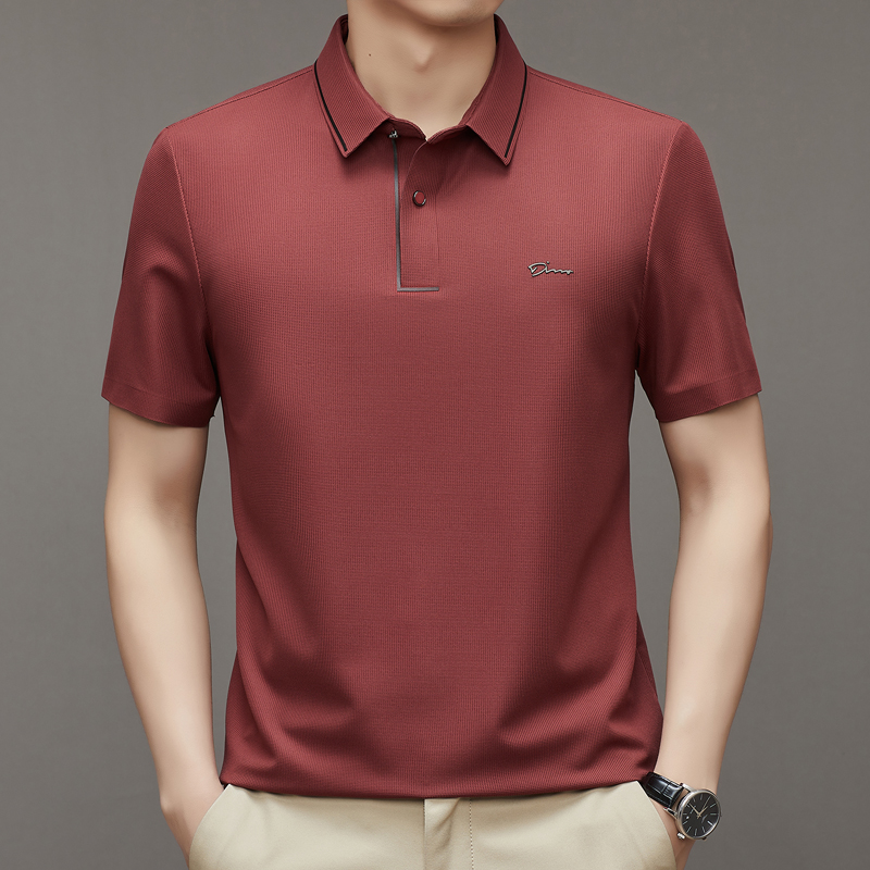 男士短袖T恤爸爸夏裝父親紅色上衣冰絲polo衫喜公公婚宴婚禮服裝