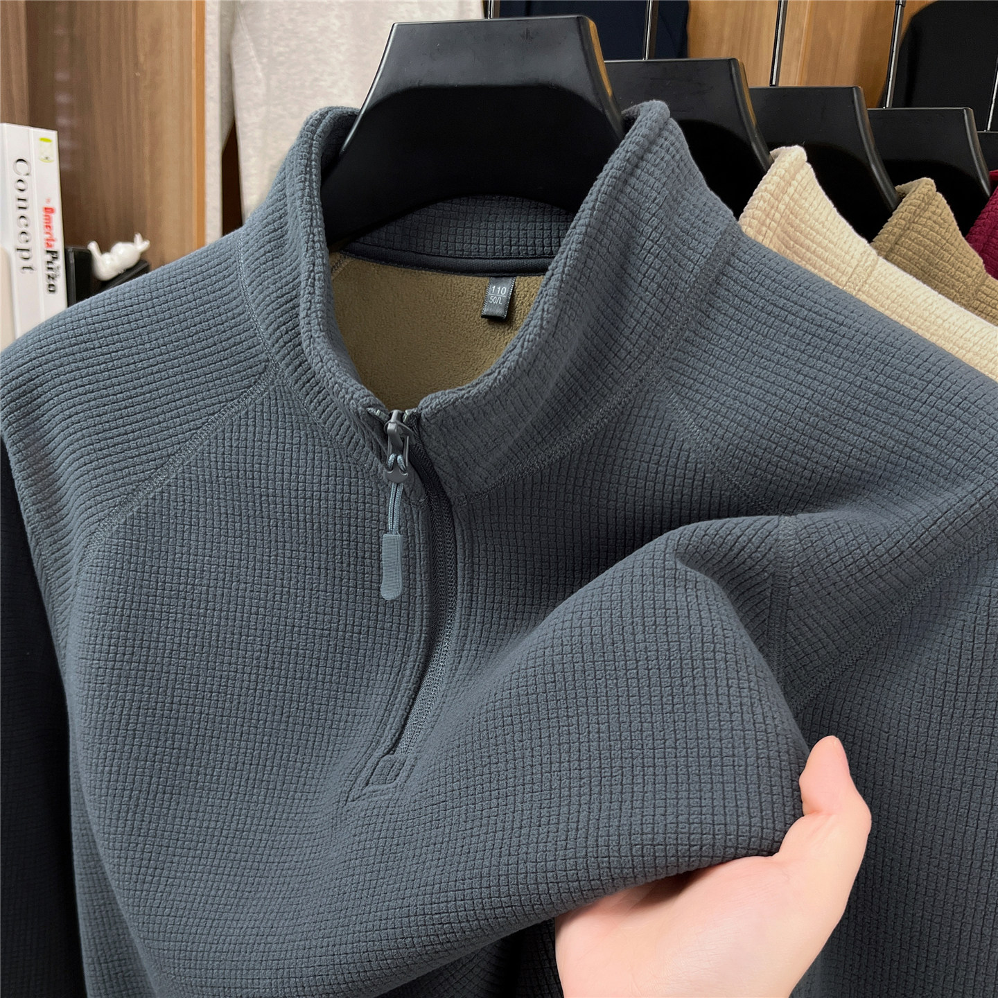 男士华夫格卫衣长袖半拉链立领加绒加厚秋冬季2025新款中青年上衣