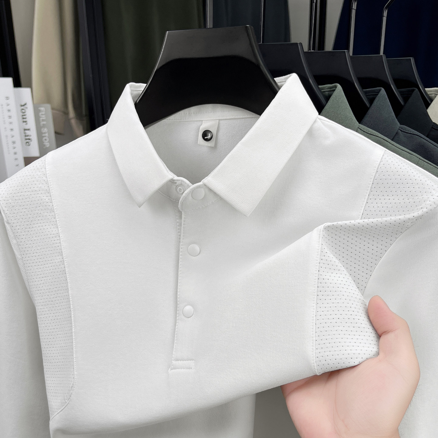 运动休闲拼接长袖t恤男春秋新款衬衫领polo衫男纯色透气上衣服潮