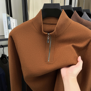 高端轻奢半高领拉链含羊毛男士毛衣2025秋季新款纯色打底针织衫潮