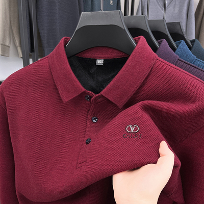 新款2025新年加绒polo衫男装加绒加厚喜庆本命年爸爸翻领打底衫男