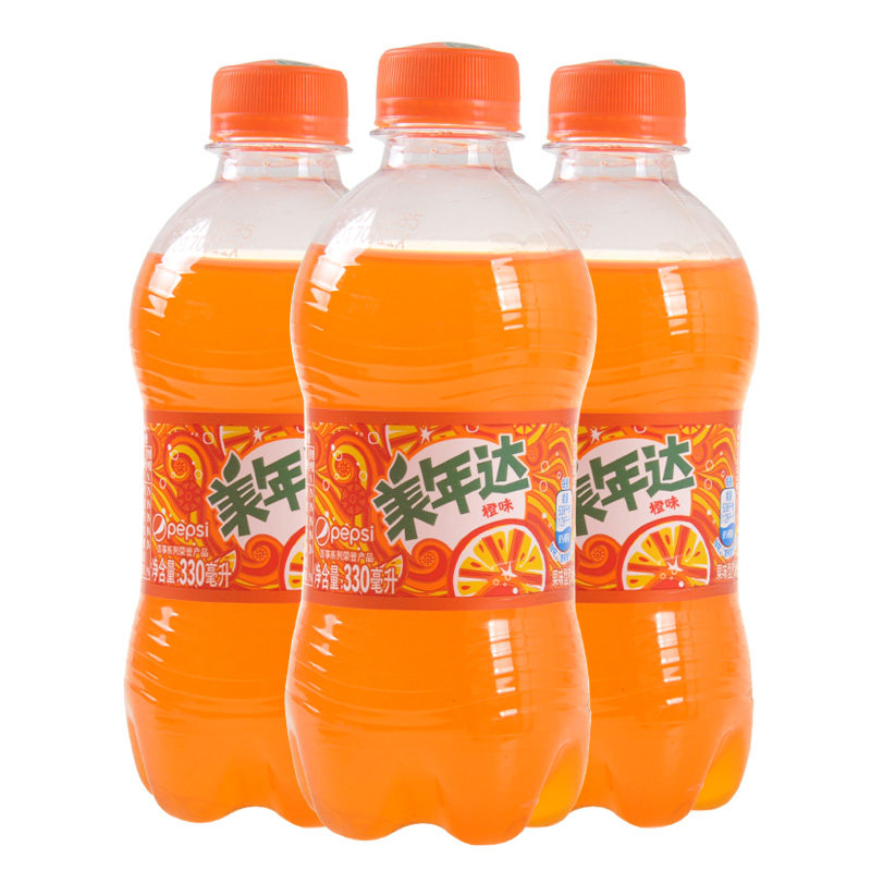 美年达橙味碳酸汽水可乐饮料300ml*4瓶百事夏季橙汁饮品