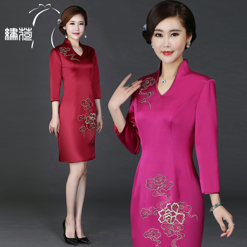 绣荷 Autumn cheongsam, silk dress for mother, long sleeve