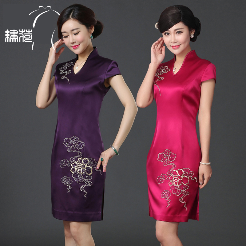 绣荷 Demi-season cheongsam for mother, silk fashionable short dress, slim fit