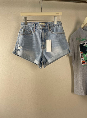 23夏COH ！高腰浅蓝色卷边牛仔短裤女毛边破洞小a字阔腿版型无弹