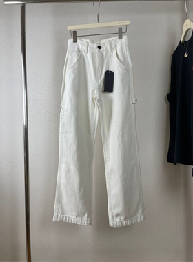 Rag秋款女米白色工装风直筒牛仔长裤棉质混纺圈圈呢阔腿裤