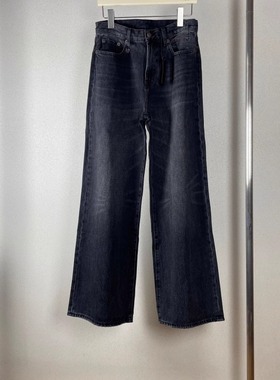 R欧美系复古灰色做旧高腰直筒阔腿牛仔裤长裤无弹显瘦百搭松弛感