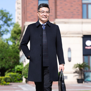后开衩中年男士羊绒大衣中长款翻领保暖休闲大码毛呢风衣爸爸外套