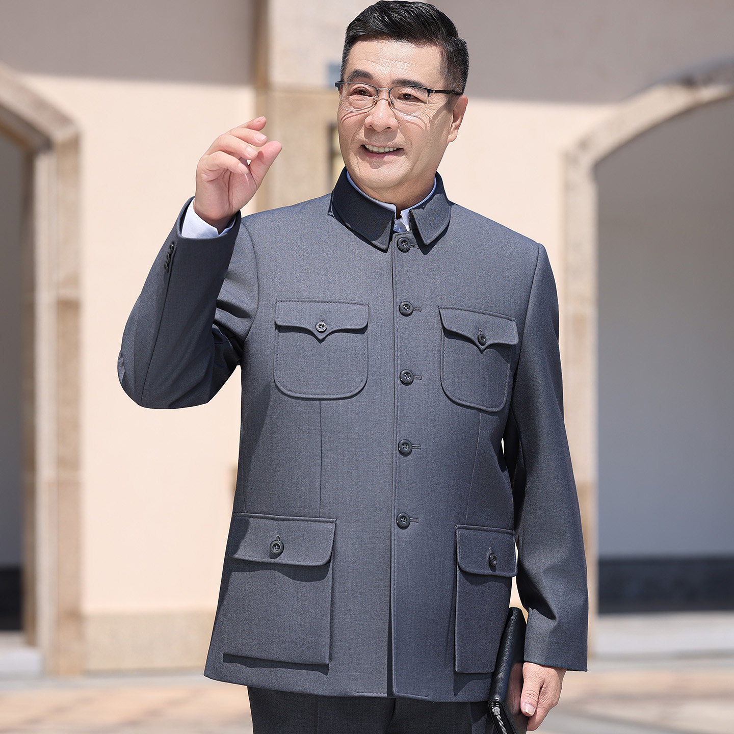 毛式中山装男士翻领多口袋爸爸装