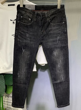 潮男牛仔裤修身小脚春秋韩版黑色休闲弹力精神小伙潮流男士九分裤