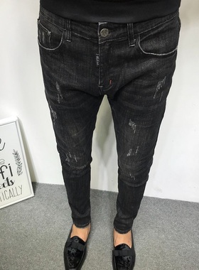 秋冬潮男社会精神小伙黑色紧身牛仔裤男士休闲潮流修身小脚九分裤