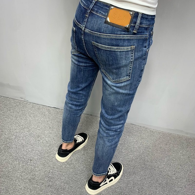 男士薄款牛仔裤夏季新款水洗蓝色修身百搭弹力休闲时尚小脚九分裤