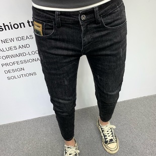 潮流高端刺绣弹力黑色长裤 2025秋冬九分新款 小脚韩版 男修身 牛仔裤