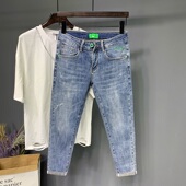 潮牌刺绣修身 男新款 小脚韩版 复古浅蓝色潮流男士 夏季 九分裤 牛仔裤