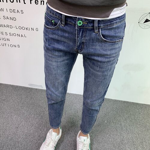 夏季水洗牛仔裤蓝色修身九分裤潮