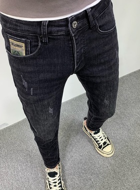 2025秋冬新款黑色九分牛仔裤男潮流修身韩版百搭弹力男士小脚长裤
