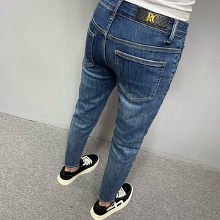 小腳夏季 潮流韓版 九分牛仔褲 百搭彈力小腳褲 男 男水洗藍(lán)色修身 男士