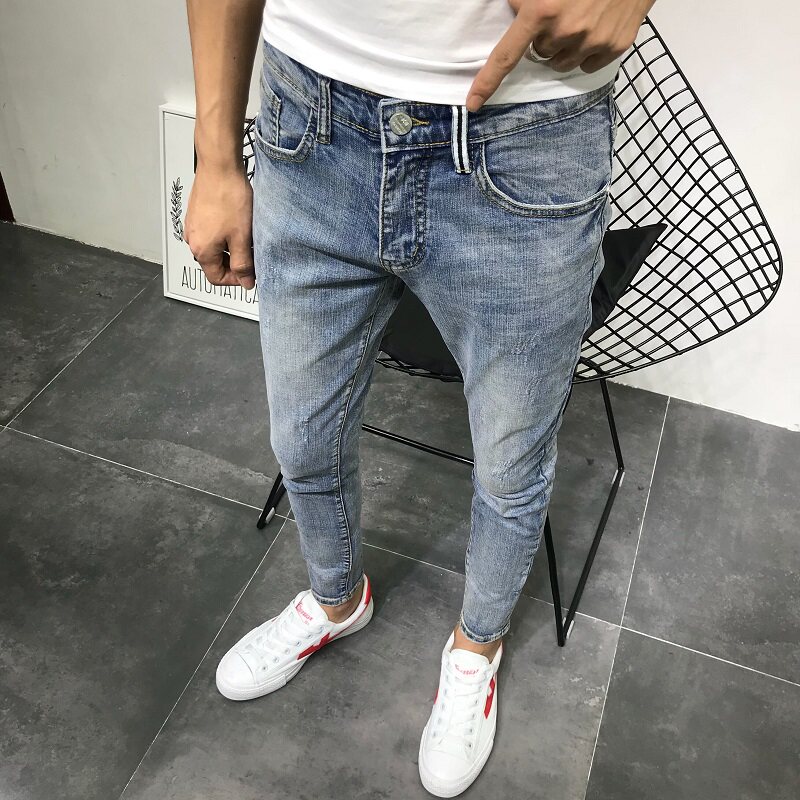 浅色牛仔裤男秋冬潮牌修身百搭休闲男裤精神小伙弹力小脚九分裤潮