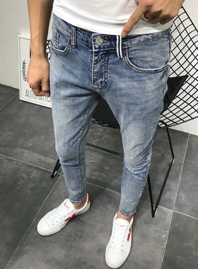 浅色牛仔裤男秋冬潮牌修身百搭休闲男裤精神小伙弹力小脚九分裤潮