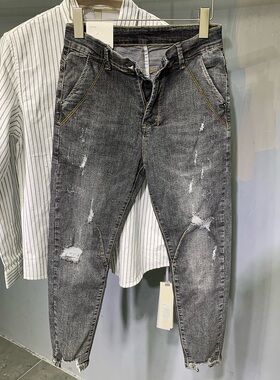 牛仔裤男夏季破洞新款小脚裤潮流韩版黑灰色男士修身哈伦九分裤子