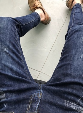 社会人韩版夏季修身男士牛仔裤精神小伙休闲弹力紧身小脚九分裤潮