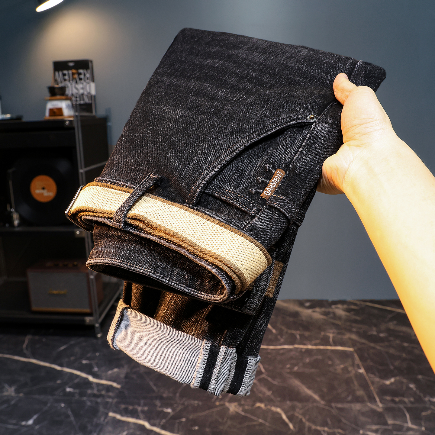 高端男士牛仔裤斜插口袋黑色裤子