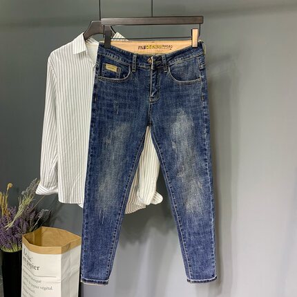 男士牛仔裤潮牌夏季新款高端蓝色复古修身小脚韩版潮流弹力九分裤