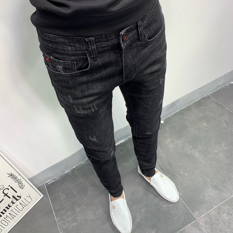 夏季牛仔裤潮流黑色修身猫须长裤