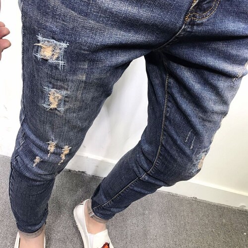 破洞牛仔裤男潮精神小伙春秋修身小脚韩版男士百搭弹力休闲九分裤