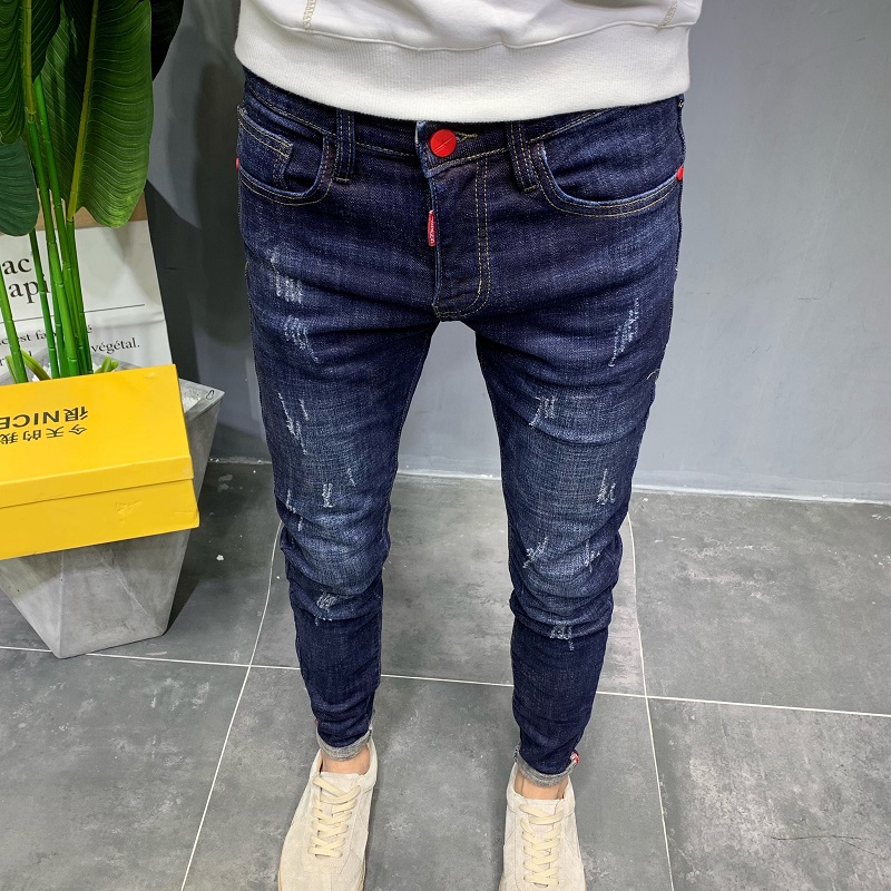 春秋时尚牛仔裤修身弹力做旧长裤