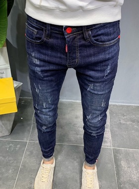 春秋潮男牛仔裤深蓝色复古韩版修身潮流休闲精神小伙弹力小脚裤男