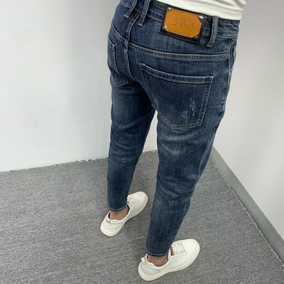 男士破洞牛仔裤夏季修身九分裤子