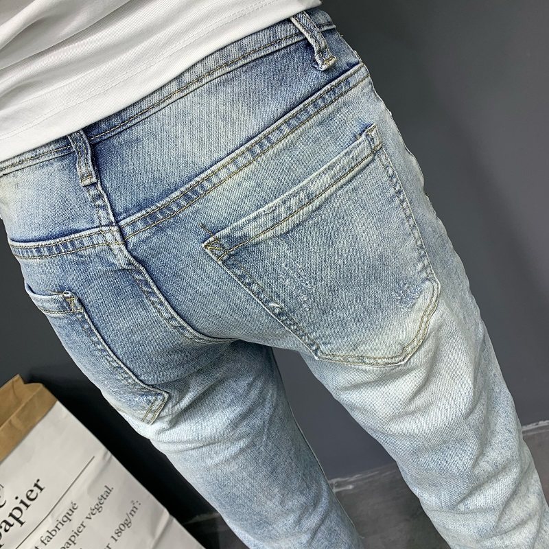 夏季美式复古浅色牛仔裤男潮牌韩版简约百搭弹力修身小脚九分裤潮